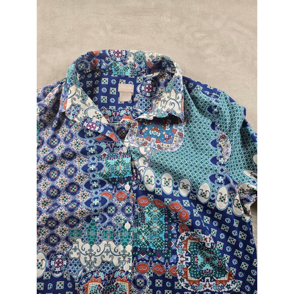 Chicos Top Blouse Shirt Women's Blue All Over Print Button Up Patchwork